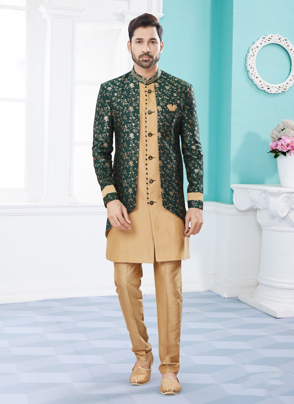 Indo Western Sherwani Banarasi Jacquard Beige Green Thread Mens