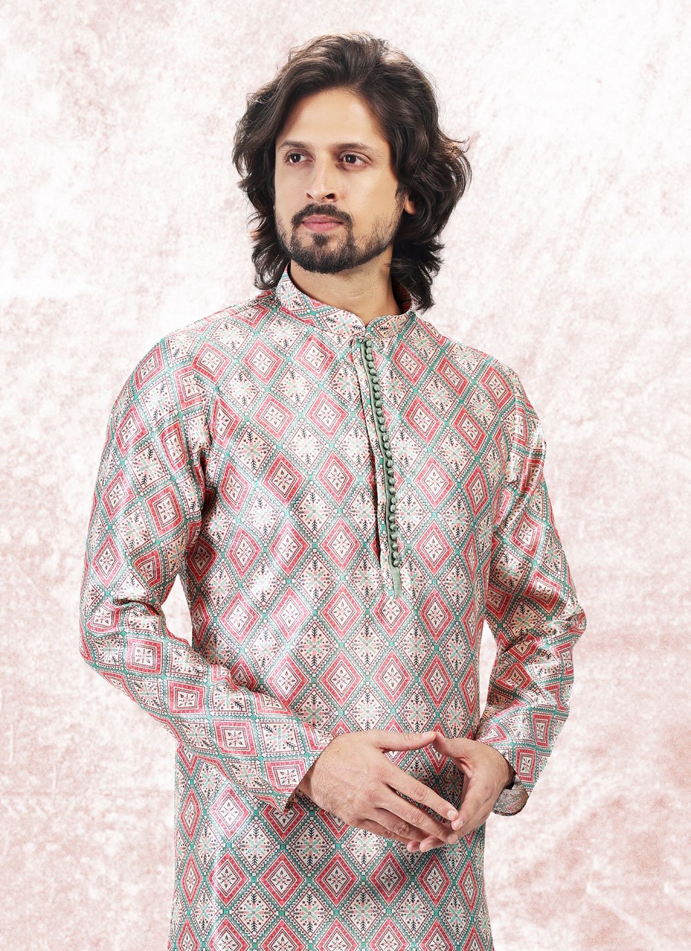 Kurta Pyjama Banarasi Jacquard Cream Green Fancy Work Mens