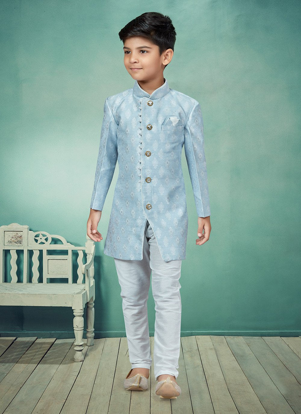 Indo Western Banarasi Jacquard Aqua Blue Embroidered Kids