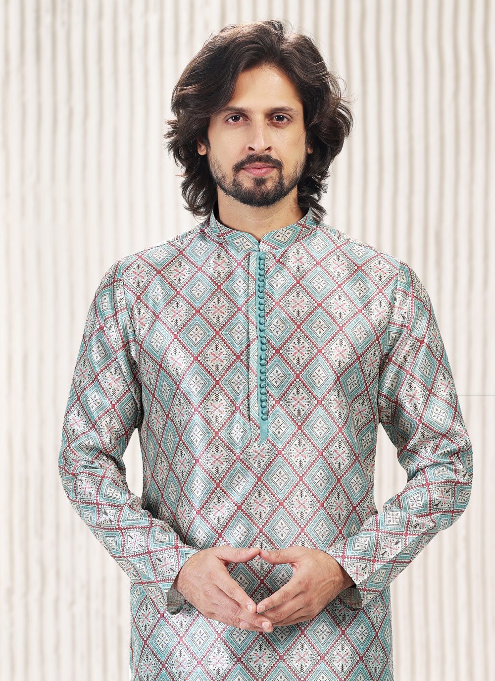 Kurta Pyjama Banarasi Jacquard Aqua Blue Fancy Work Mens