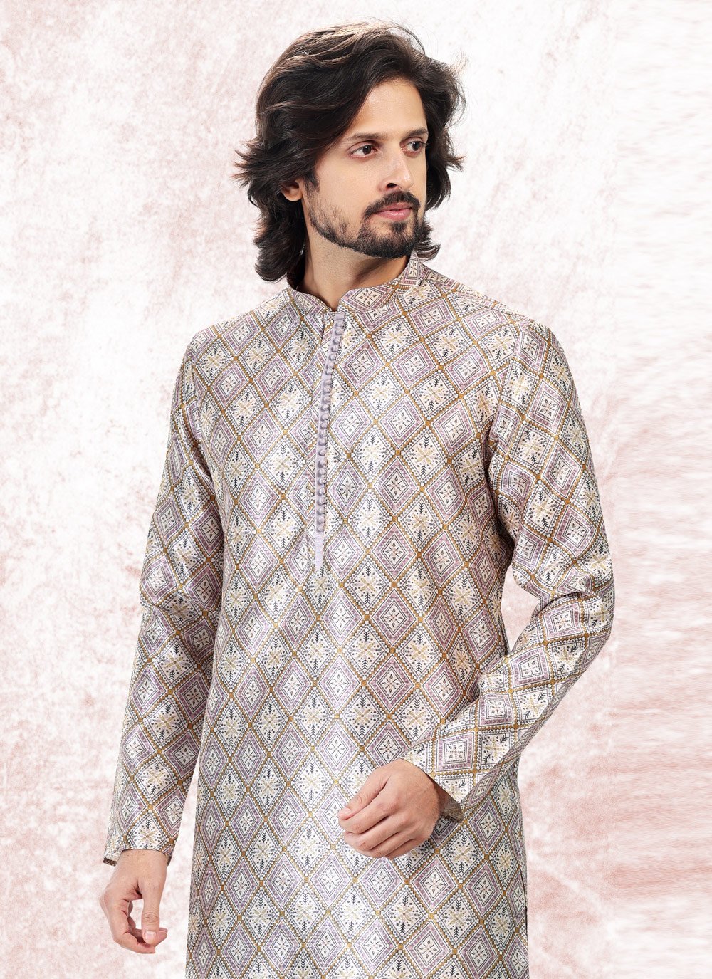 Kurta Pyjama Banarasi Jacquard Cream Purple Fancy Work Mens
