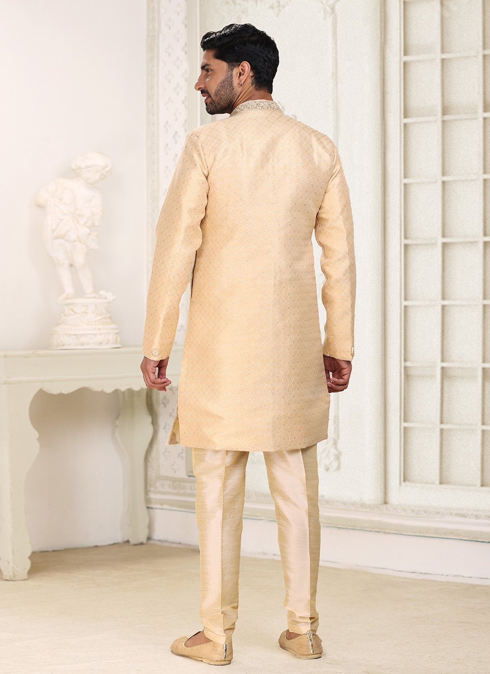 Indo Western Banarasi Jacquard Beige Fancy Work Mens