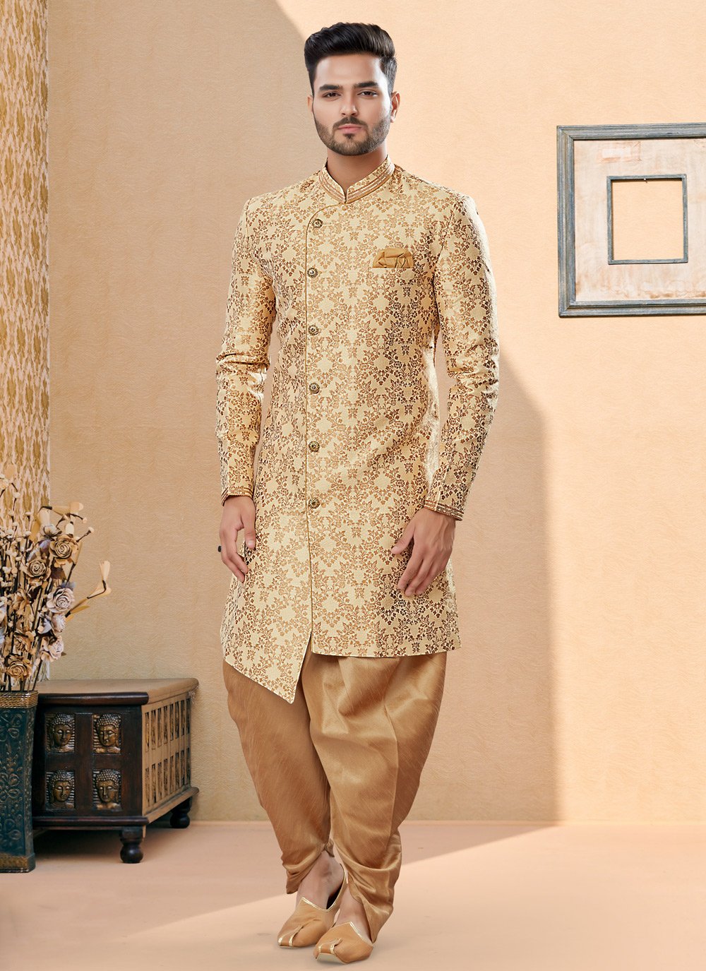 Indo Western Sherwani Banarasi Jacquard Cream Thread Mens