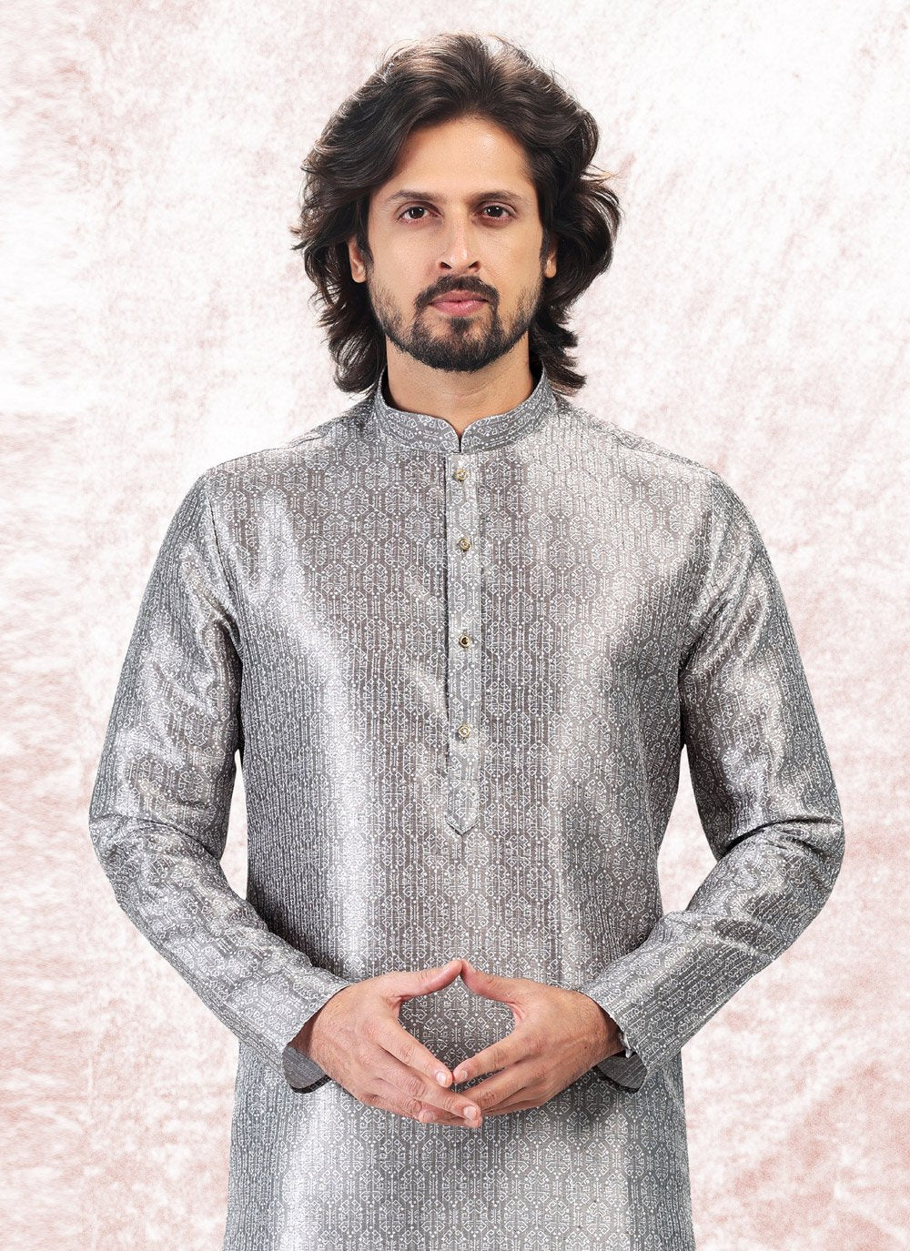 Kurta Pyjama Banarasi Jacquard Silver Fancy Work Mens