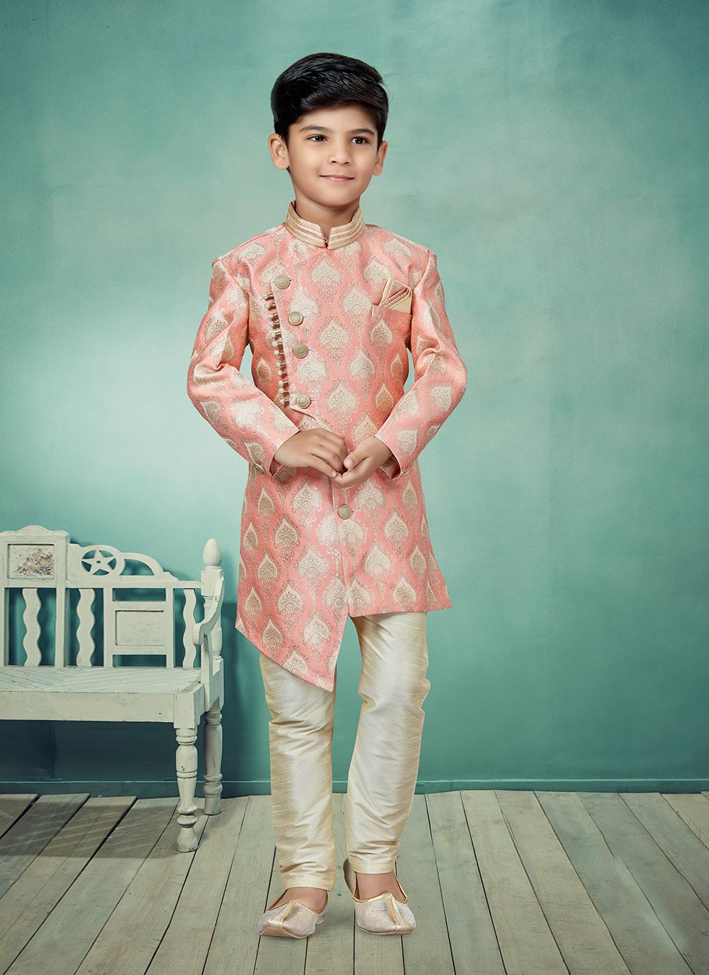 Indo Western Banarasi Jacquard Cream Pink Stone Kids