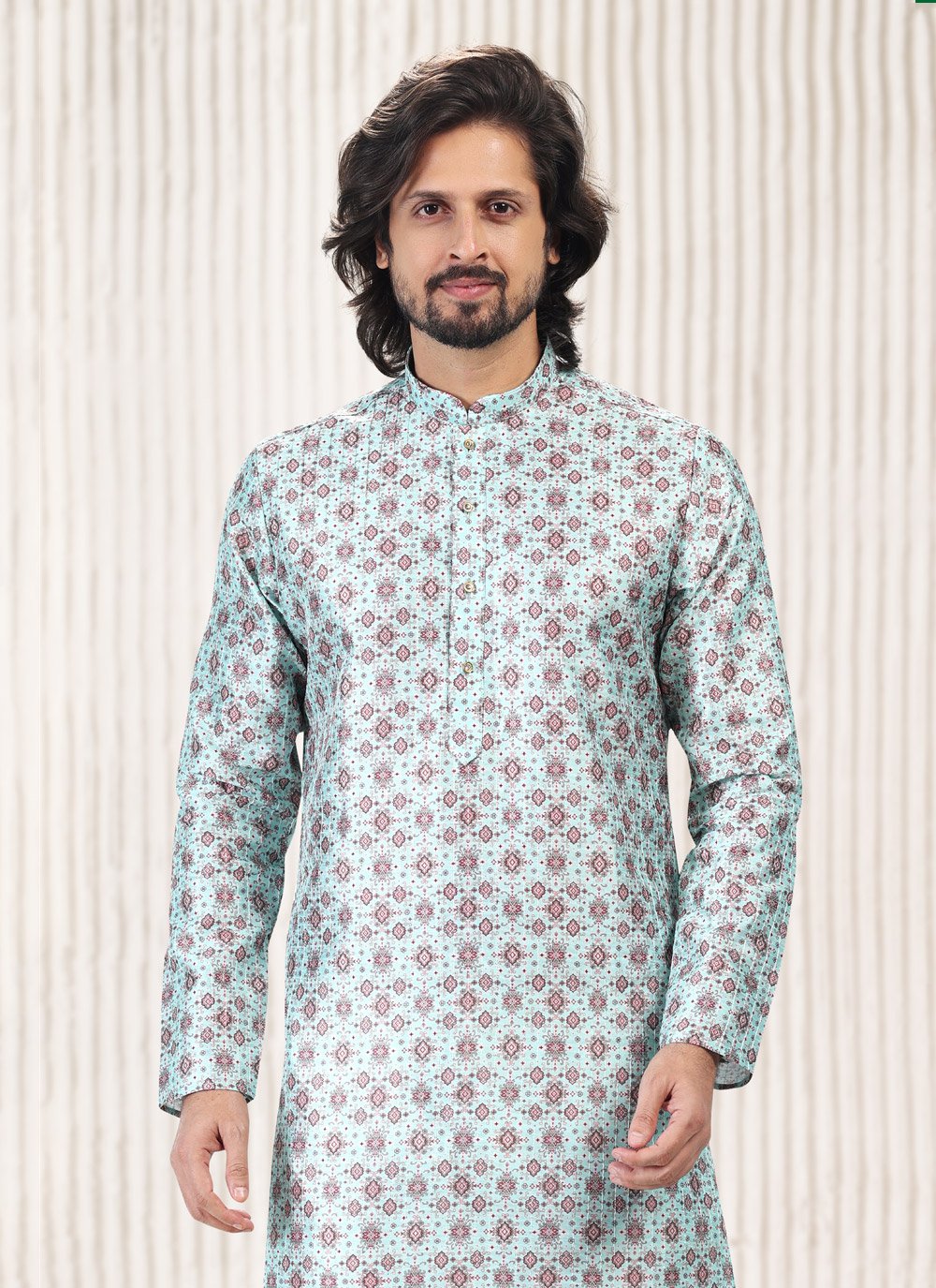 Kurta Pyjama Banarasi Jacquard Turquoise Fancy Work Mens
