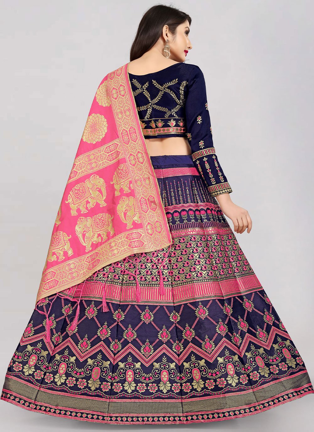 A Line Lehenga Banarasi Silk Blue Pink Jacquard Work Lehenga Choli