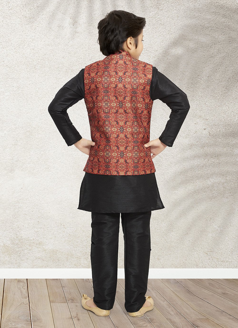 Kurta Payjama With Jacket Banarasi Silk Black Maroon Print Kids