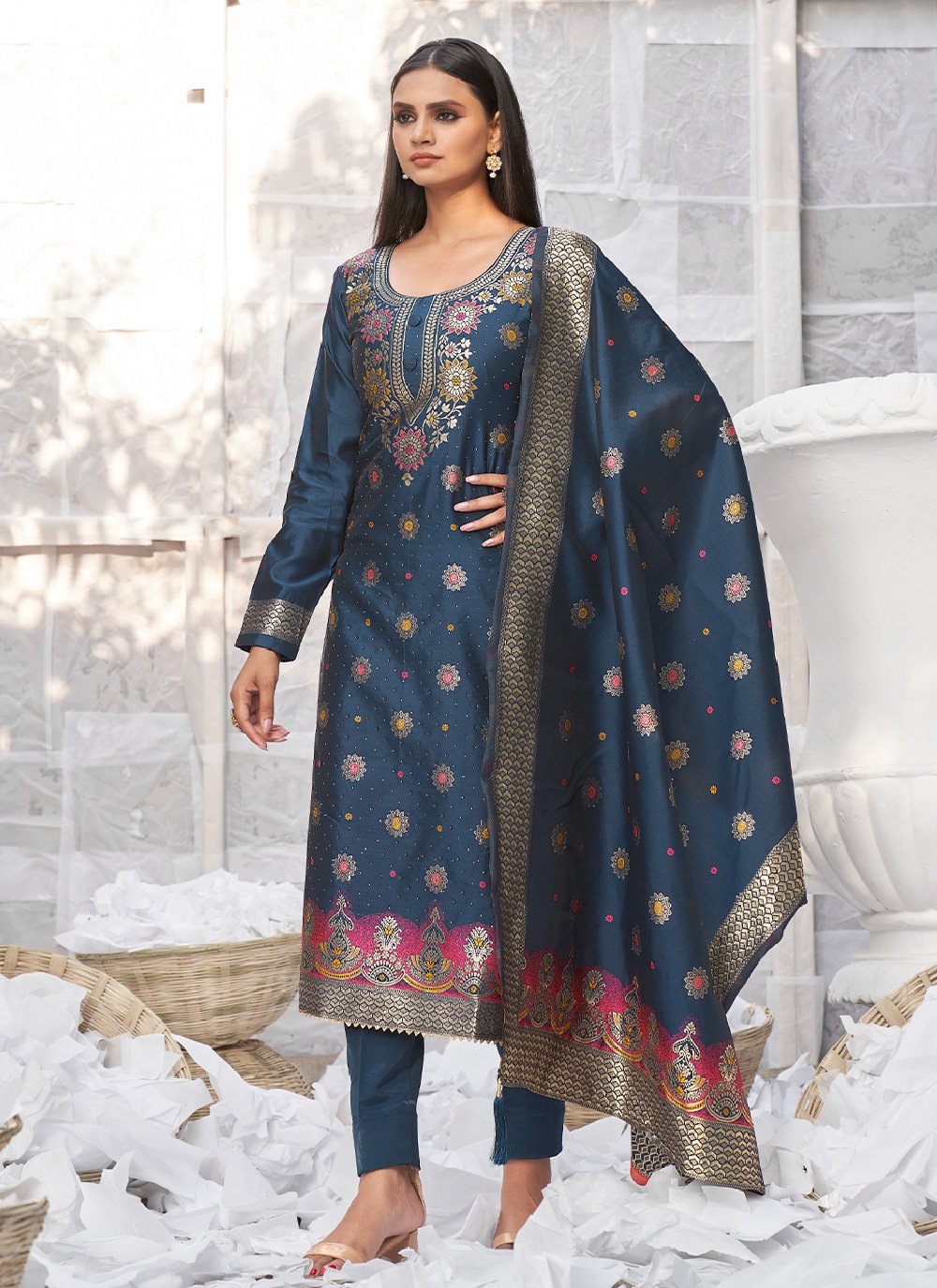 Straight Salwar Suit Banarasi Silk Blue Woven Salwar Kameez