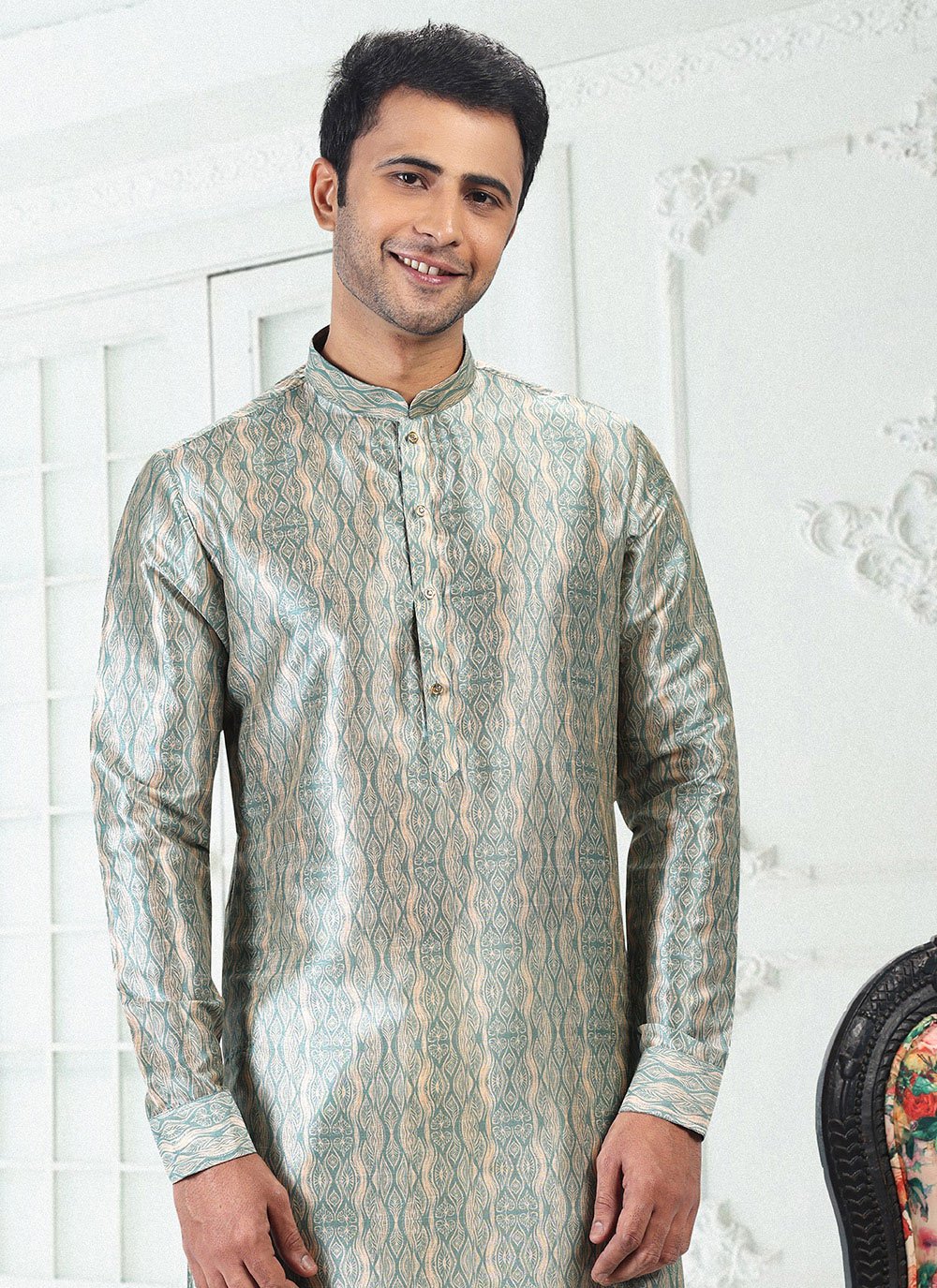 Kurta Pyjama Banarasi Silk Cream Green Digital Print Mens