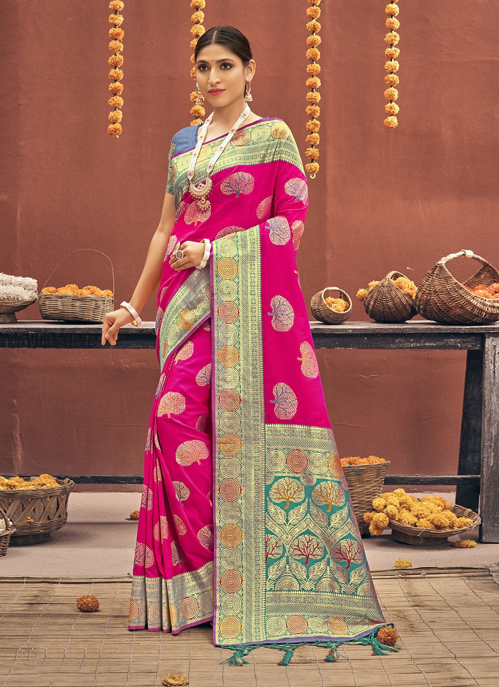 Classic Banarasi Silk Magenta Embroidered Saree
