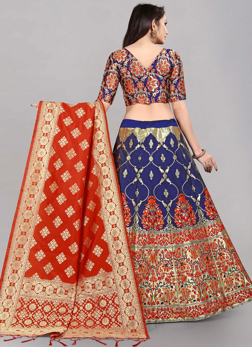 Lehenga Choli Banarasi Silk Jacquard Blue Red Jacquard Work Lehenga Choli