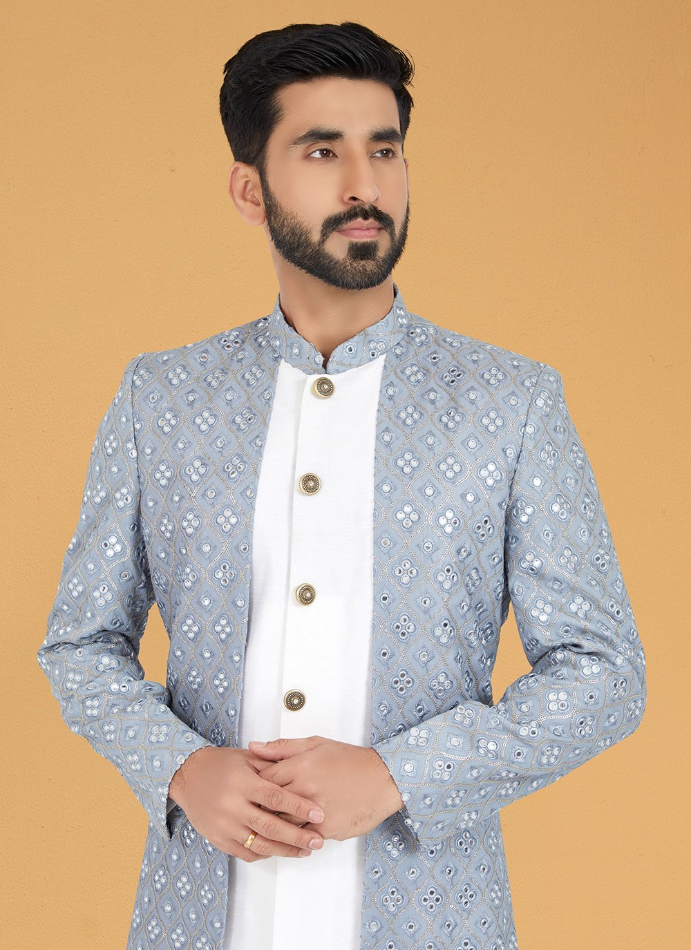 Indo Western Banarasi Silk Georgette Grey White Embroidered Mens