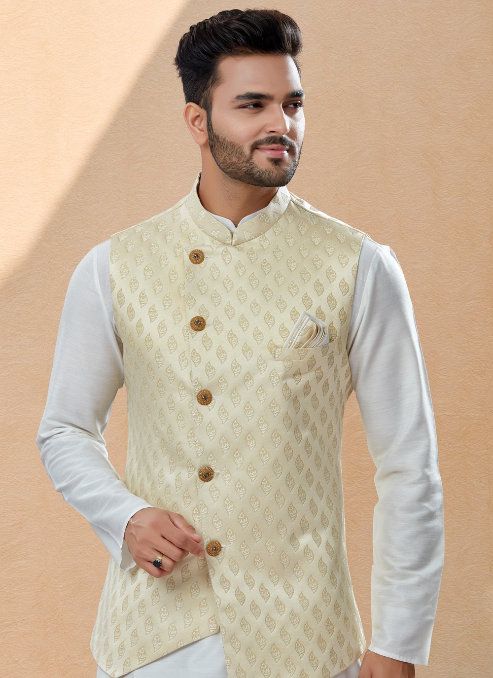Kurta Payjama With Jacket Banarasi Silk Dupion Silk Cream Off White Jacquard Work Mens