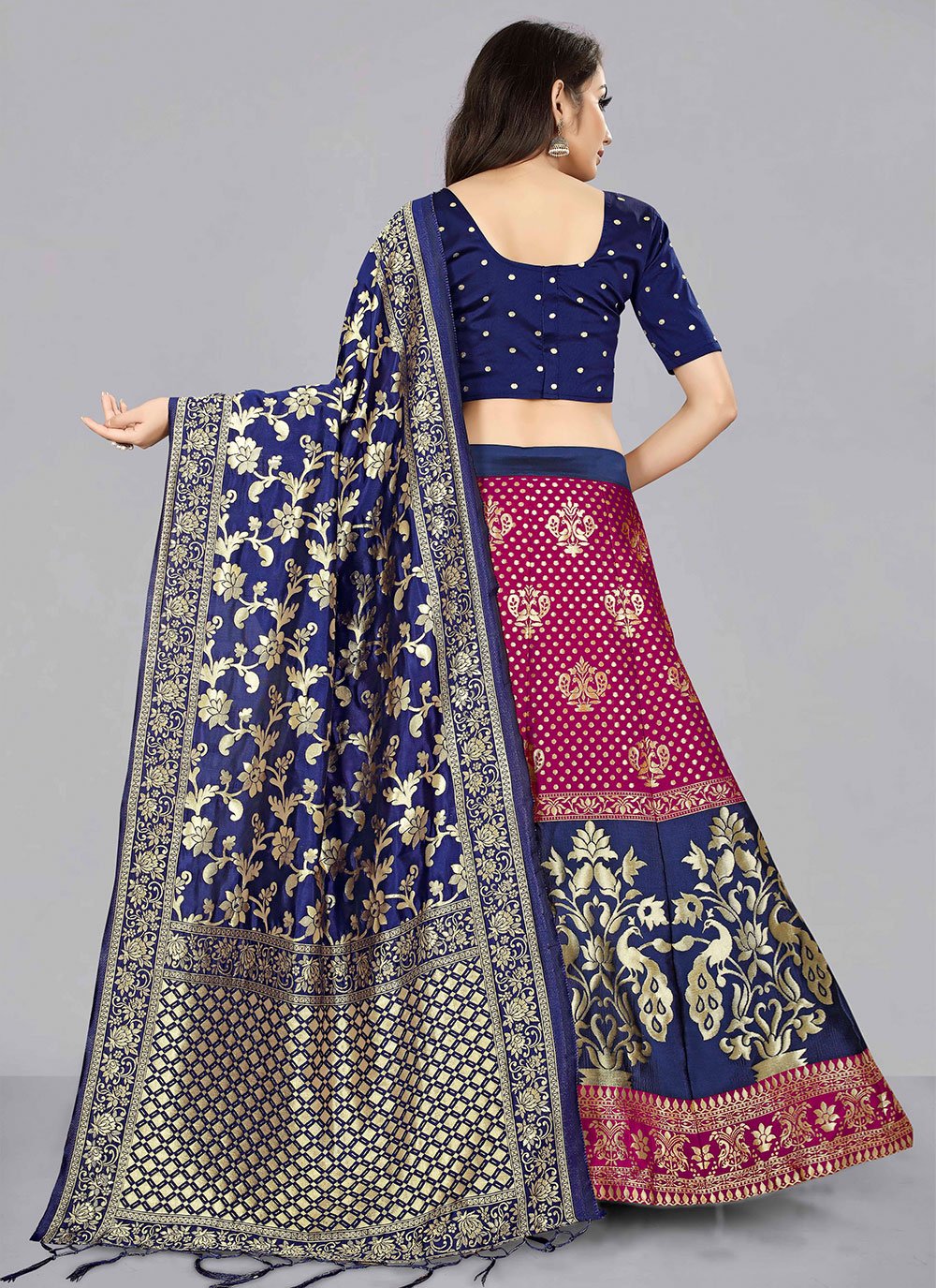 A Line Lehenga Banarasi Silk Jacquard Blue Magenta Jacquard Work Lehenga Choli