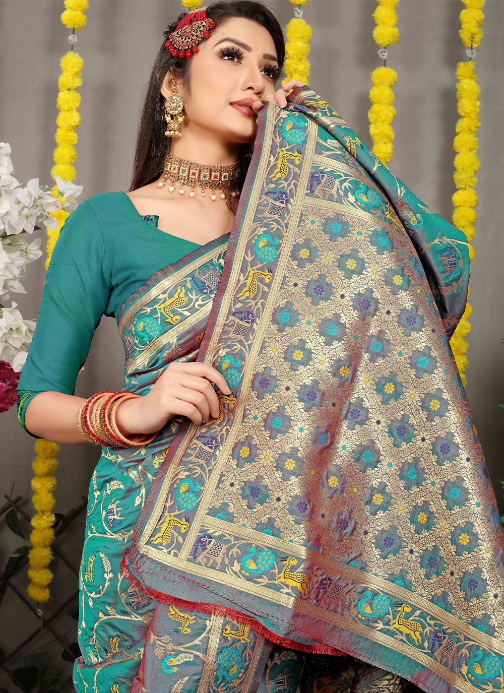 Trendy Saree Banarasi Silk Teal Jacquard Work Saree