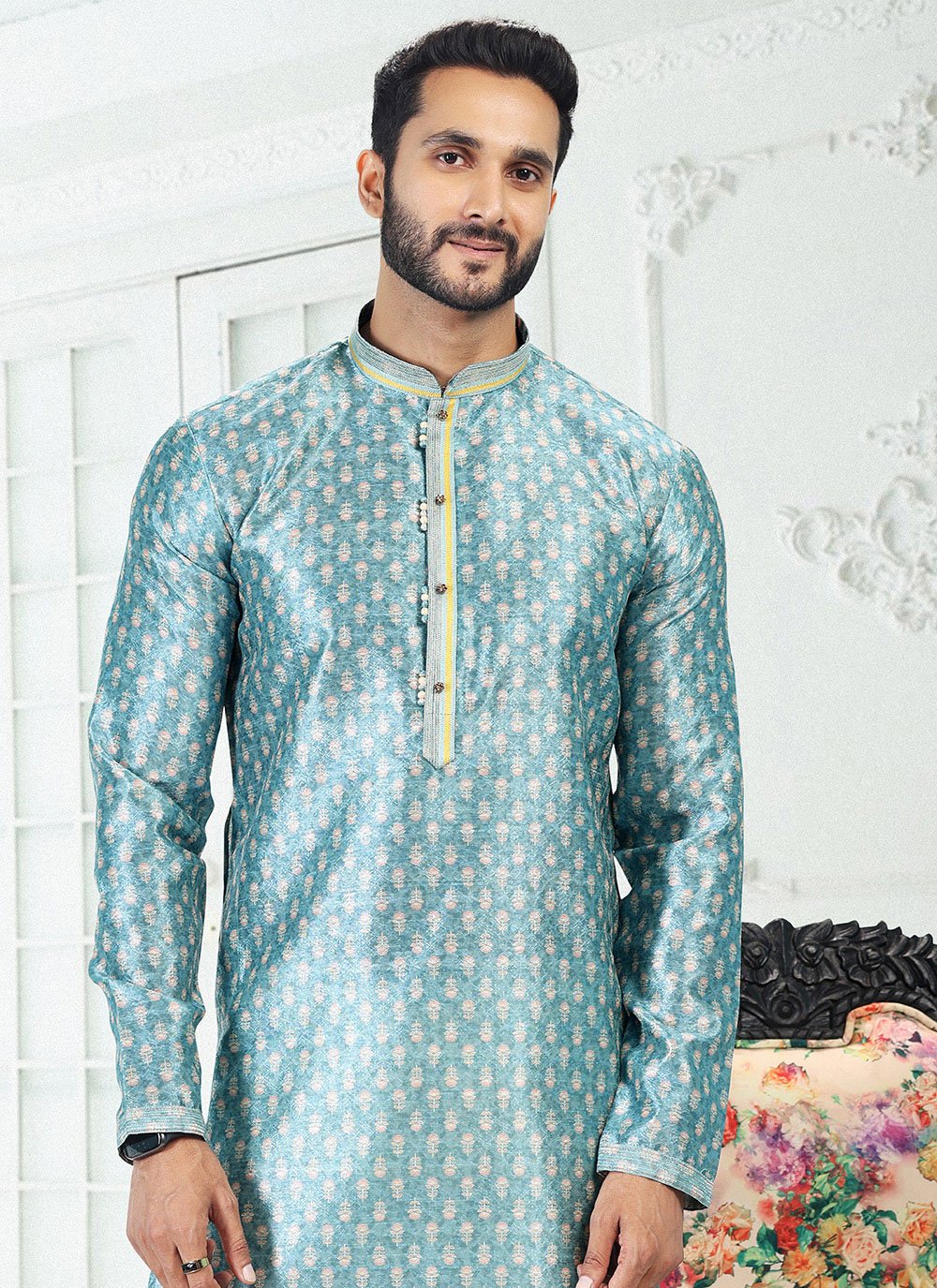 Kurta Pyjama Banarasi Silk Blue Digital Print Mens