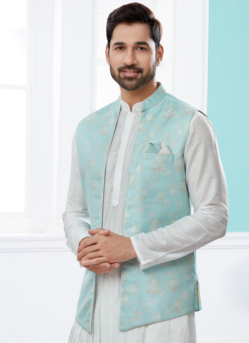 Indo Western Banarasi Silk Dupion Silk Off White Turquoise Jacquard Work Mens