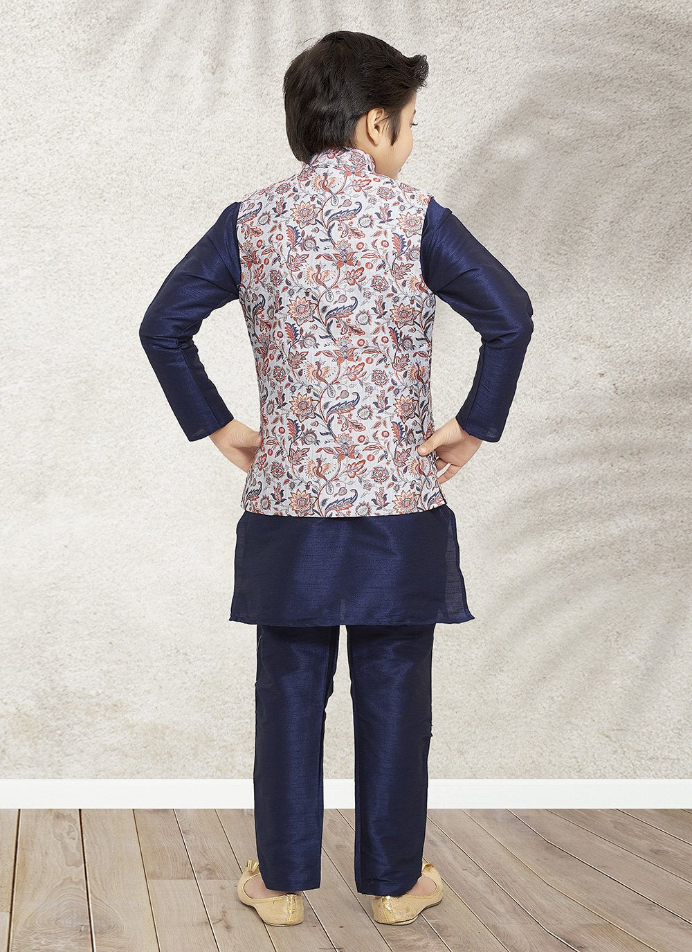 Kurta Payjama With Jacket Banarasi Silk Blue Grey Print Kids