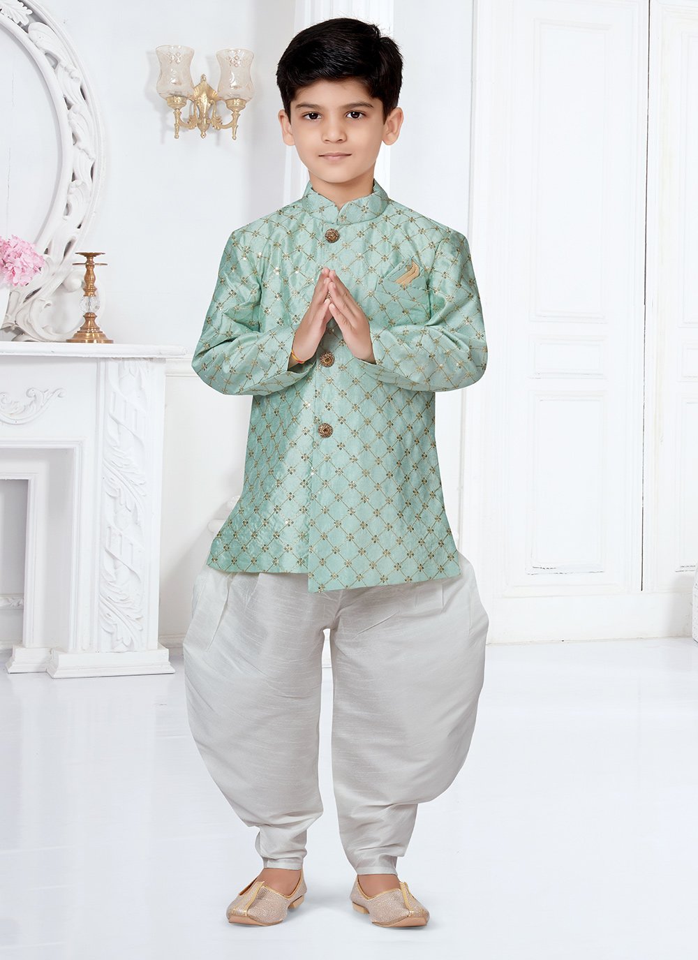 Indo Western Sherwani Banarasi Silk Sea Green Machine Embroidery Kids