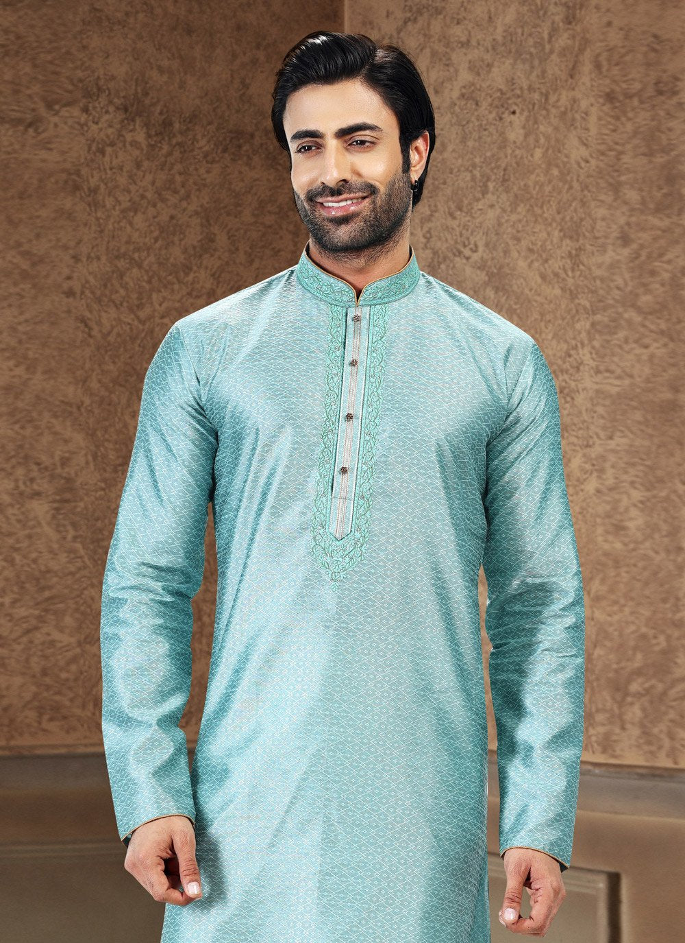 Kurta Pyjama Banarasi Silk Jacquard Firozi Fancy Work Mens