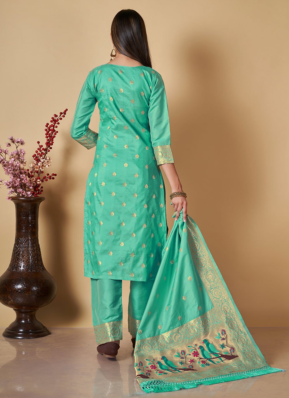 Floor Lenght Salwar Suit Banarasi Silk Turquoise Woven Salwar Kameez