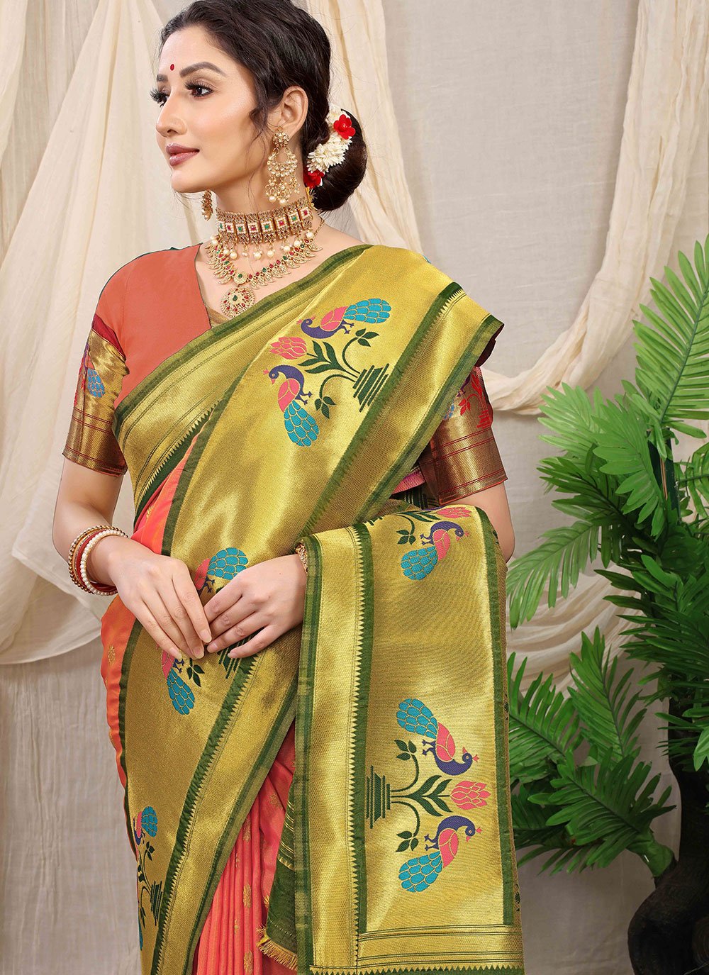 Classic Banarasi Silk Peach Weaving Saree