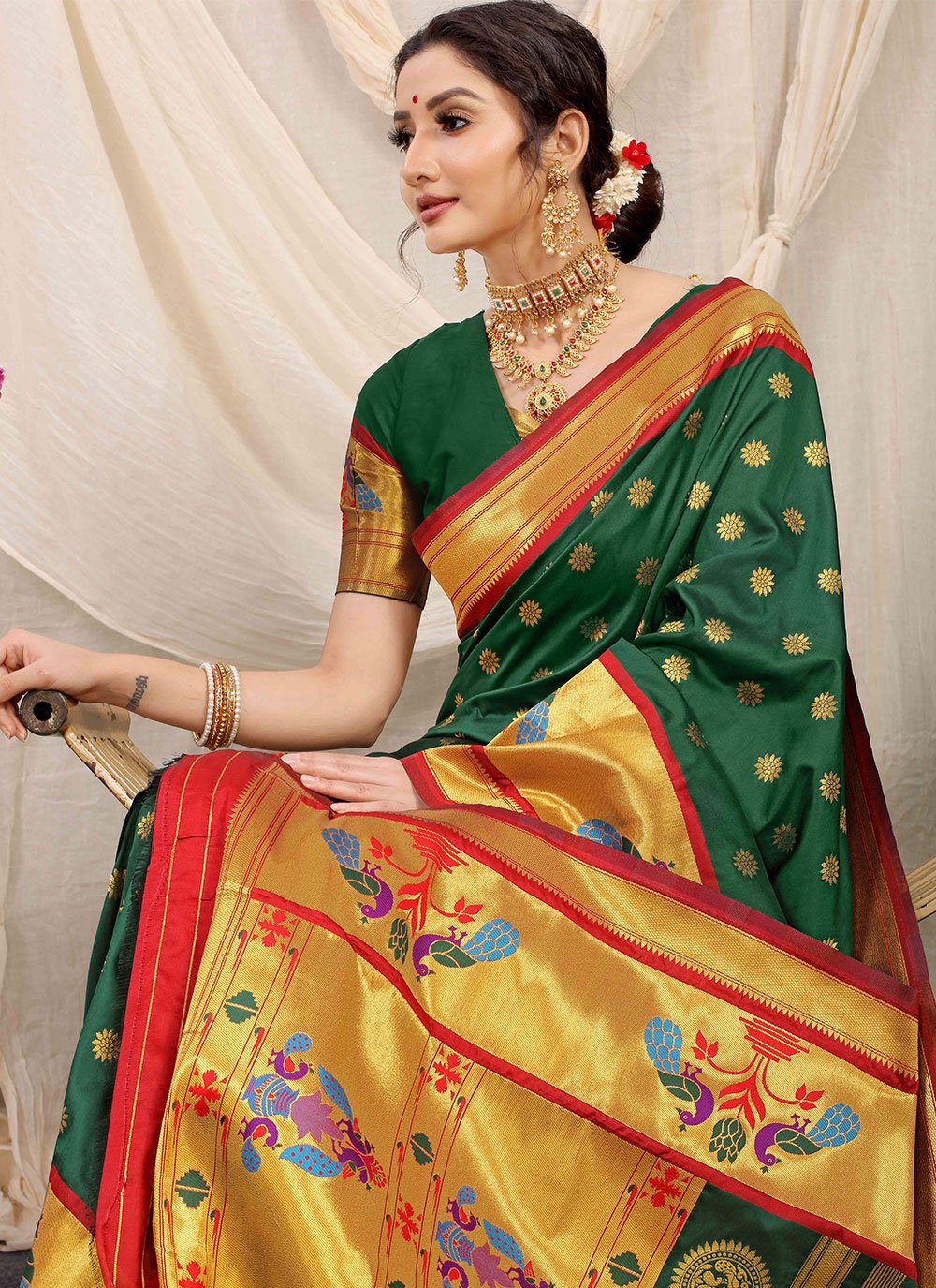 Contemporary Banarasi Silk Green Weaving Saree