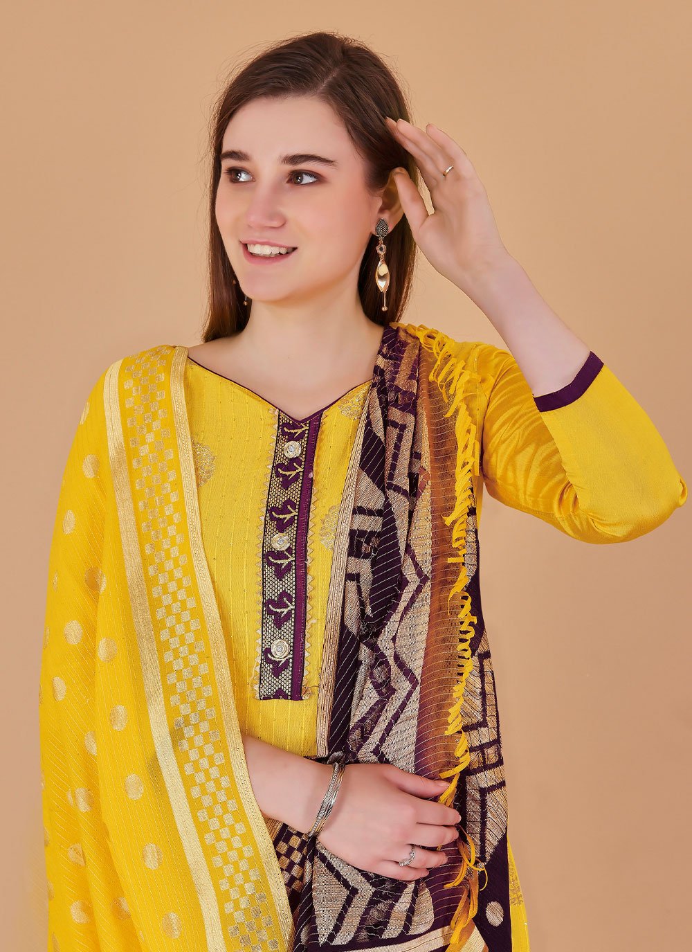 Salwar Suit Banarasi Silk Yellow Booti Salwar Kameez
