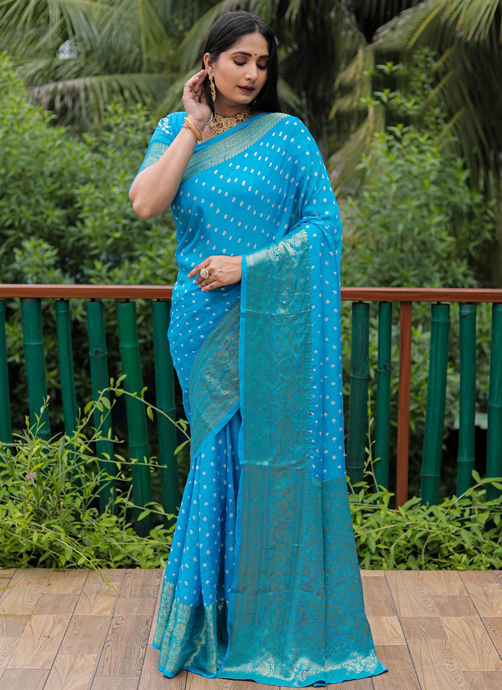 Classic Pure Silk Aqua Blue Bandhej Saree