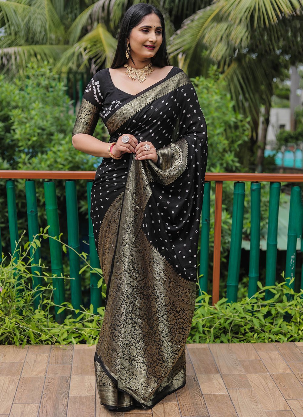 Classic Pure Silk Black Bandhej Saree