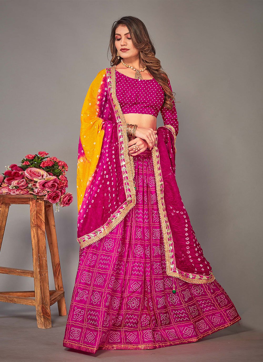 A Line Lehenga Tafeta Silk Rani Bandhej Lehenga Choli