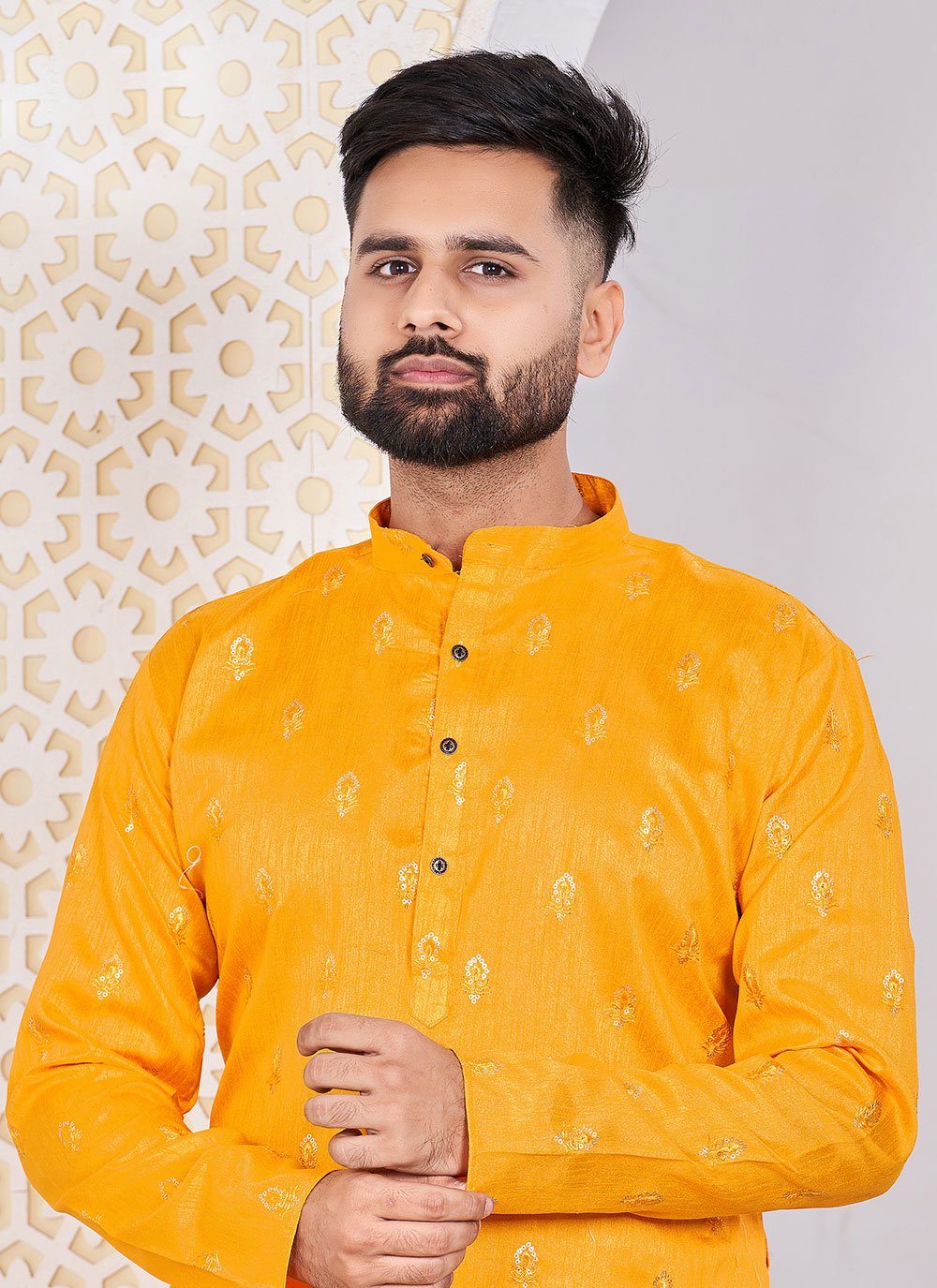 Kurta Banglori Silk Mustard Embroidered Mens