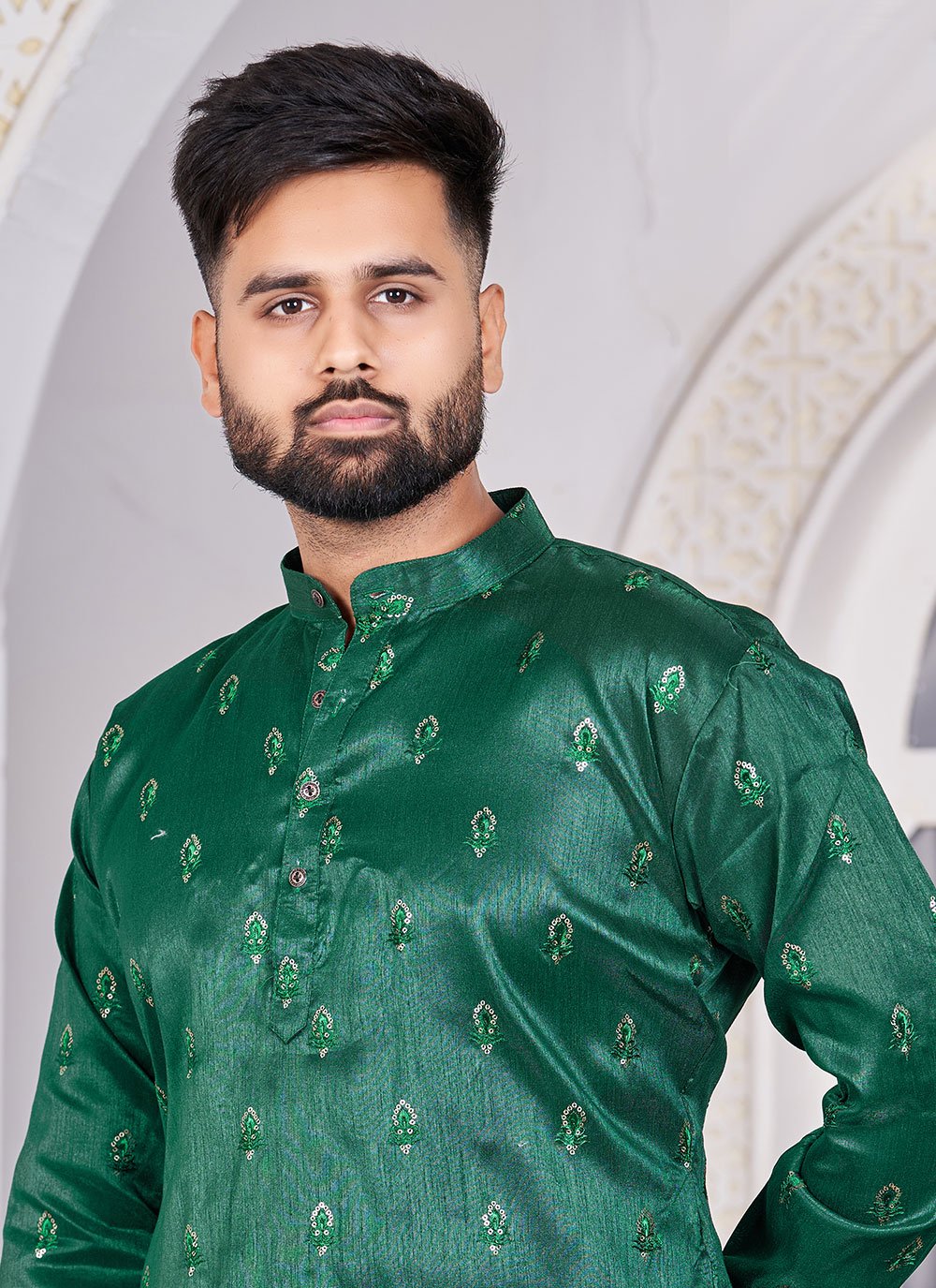 Kurta Banglori Silk Green Embroidered Mens