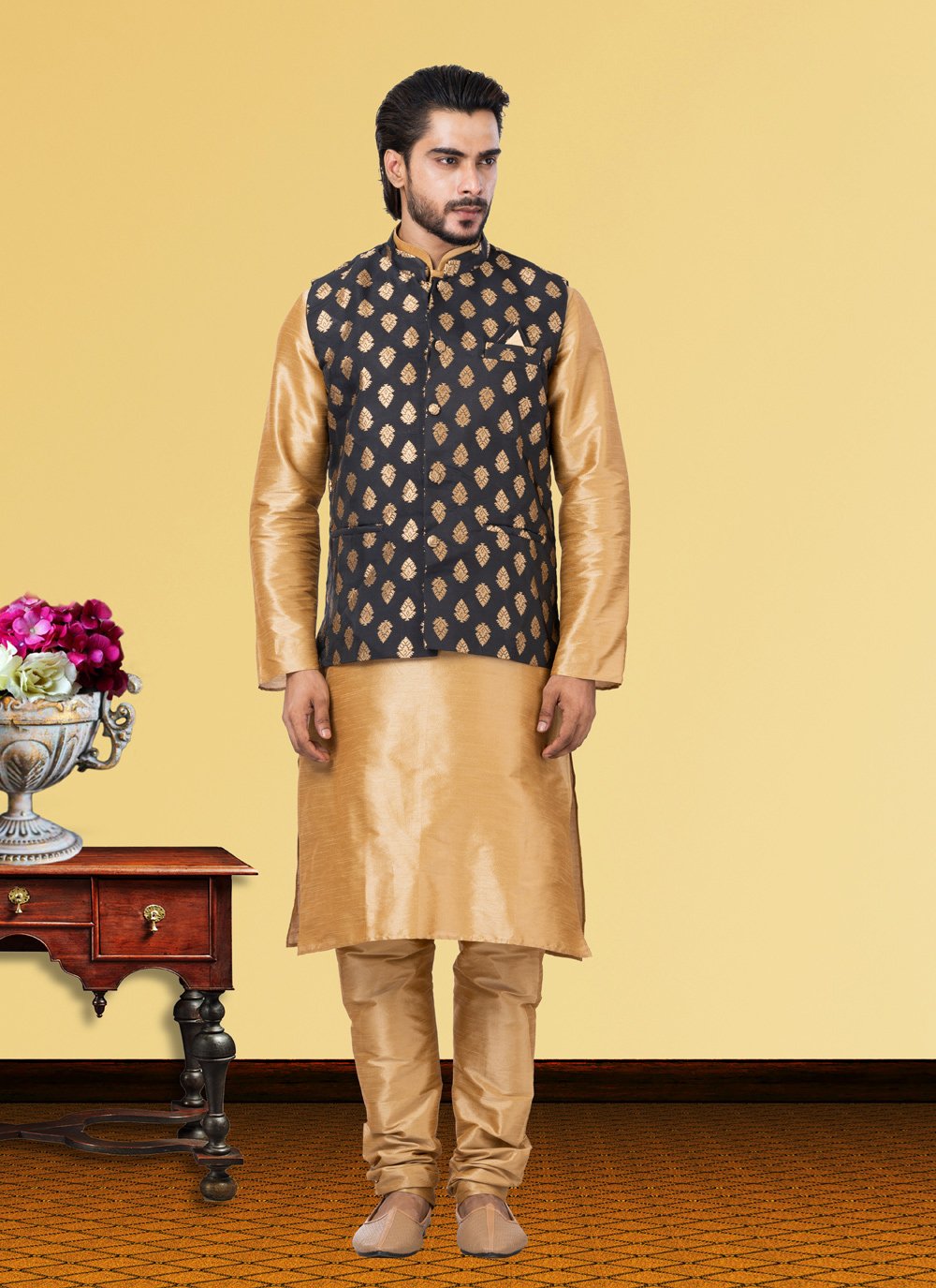 Kurta Payjama With Jacket Dupion Silk Beige Black Jacquard Work Mens