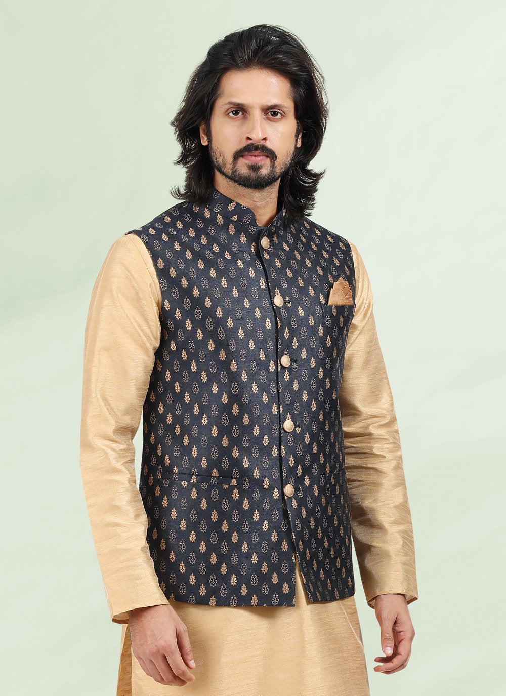 Kurta Payjama With Jacket Banarasi Silk Jacquard Beige Blue Jacquard Work Mens