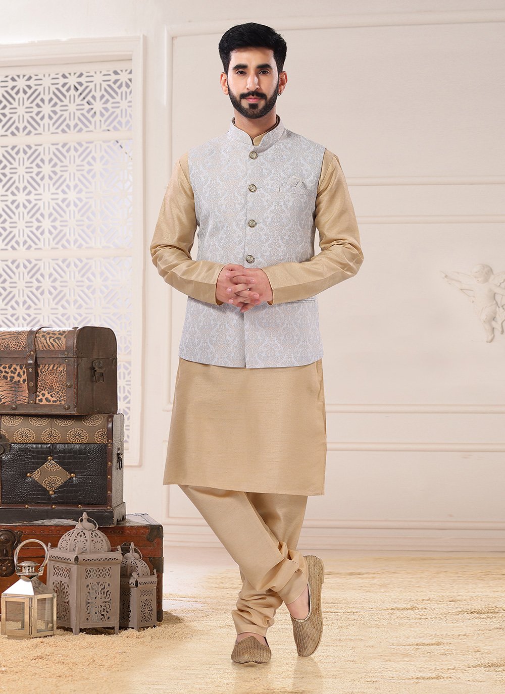 Kurta Payjama With Jacket Silk Beige Cream Embroidered Mens