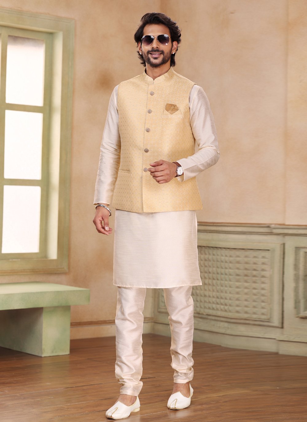Kurta Payjama With Jacket Jacquard Silk Beige Cream Fancy Work Mens
