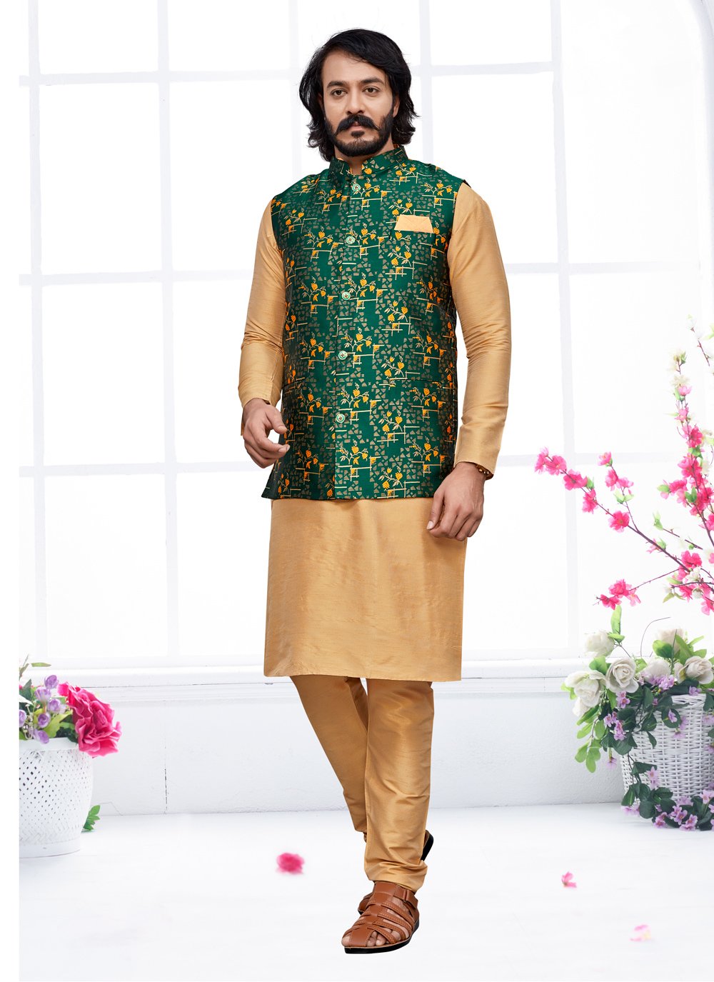 Kurta Payjama With Jacket Art Silk Jacquard Beige Green Digital Print Mens