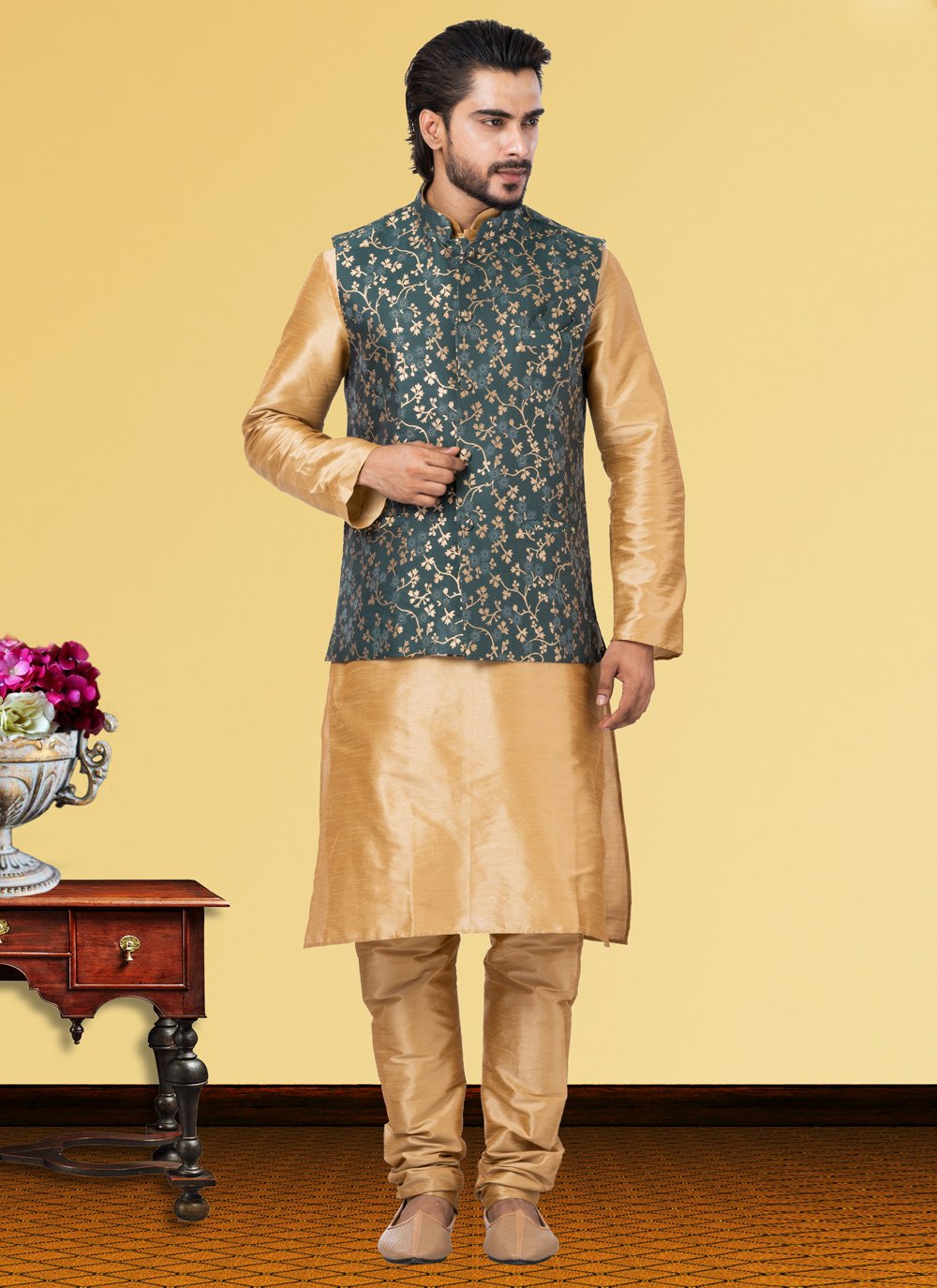 Kurta Payjama With Jacket Dupion Silk Beige Green Jacquard Work Mens