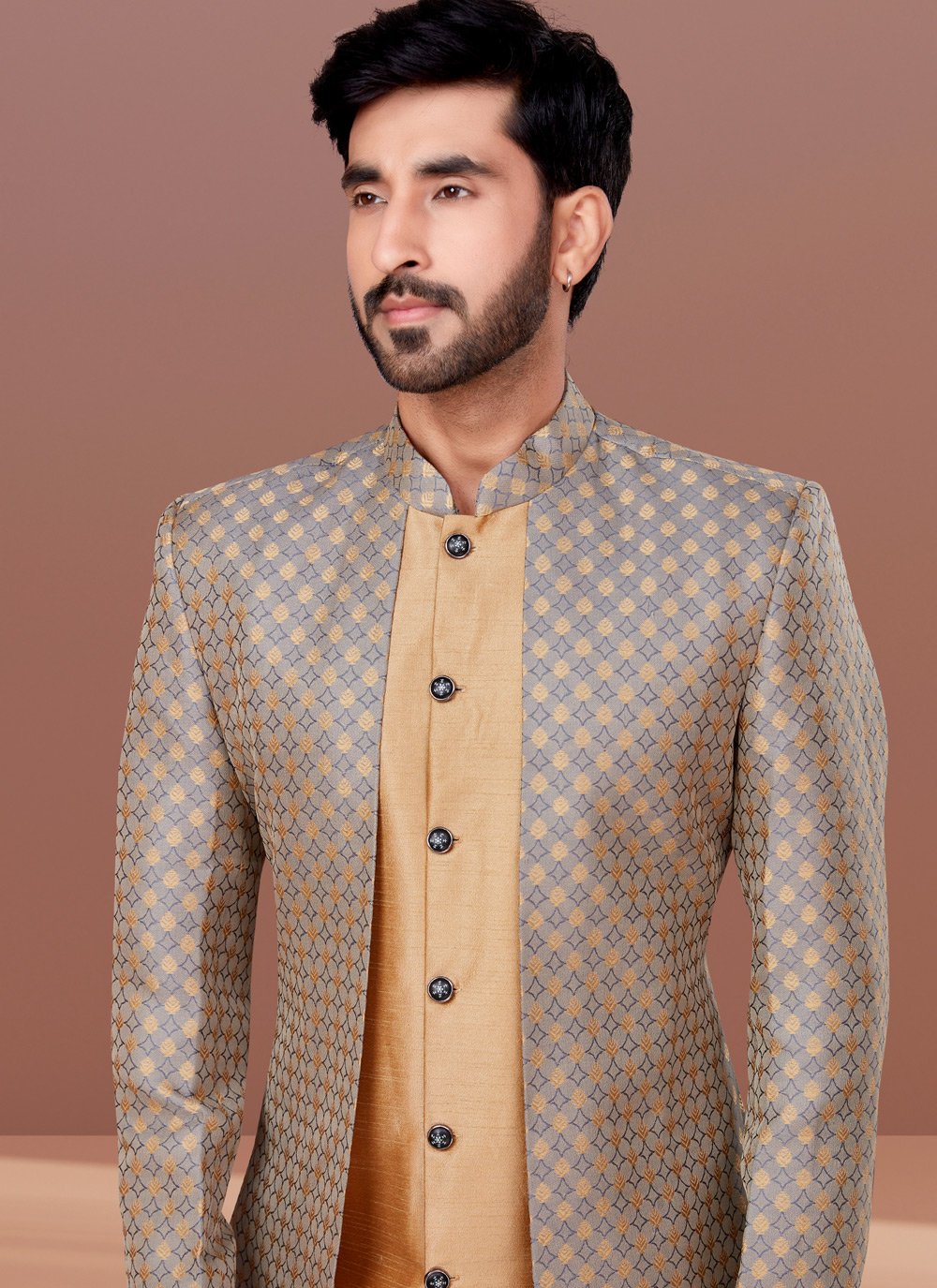 Indo Western Dupion Silk Jacquard Beige Grey Embroidered Mens