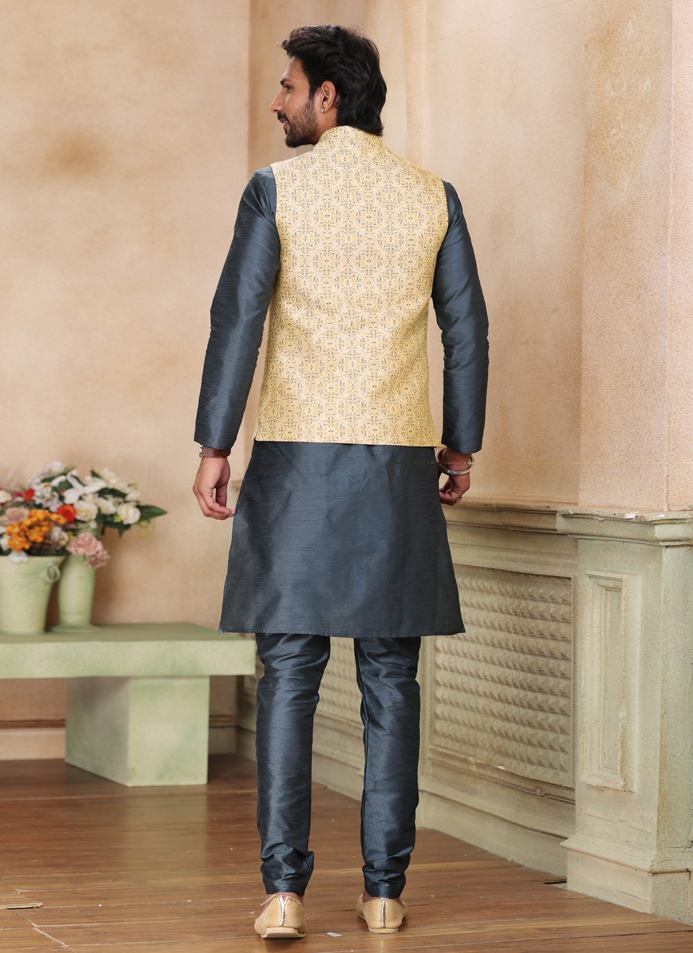 Kurta Payjama With Jacket Jacquard Silk Beige Grey Fancy Work Mens