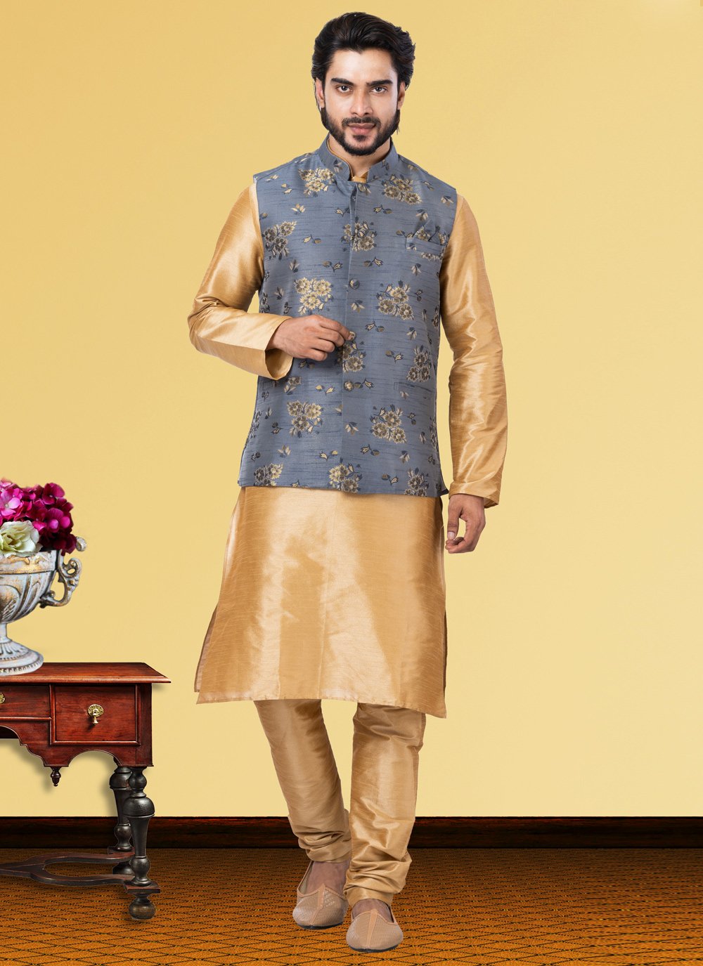 Kurta Payjama With Jacket Dupion Silk Beige Grey Print Mens