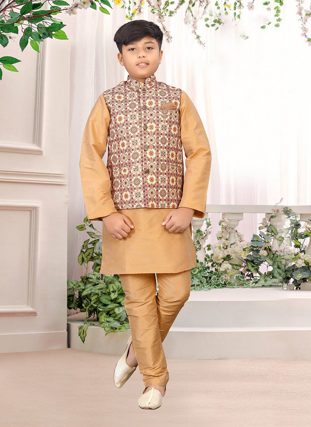 Kurta Payjama With Jacket Silk Beige Multi Colour Digital Print Kids