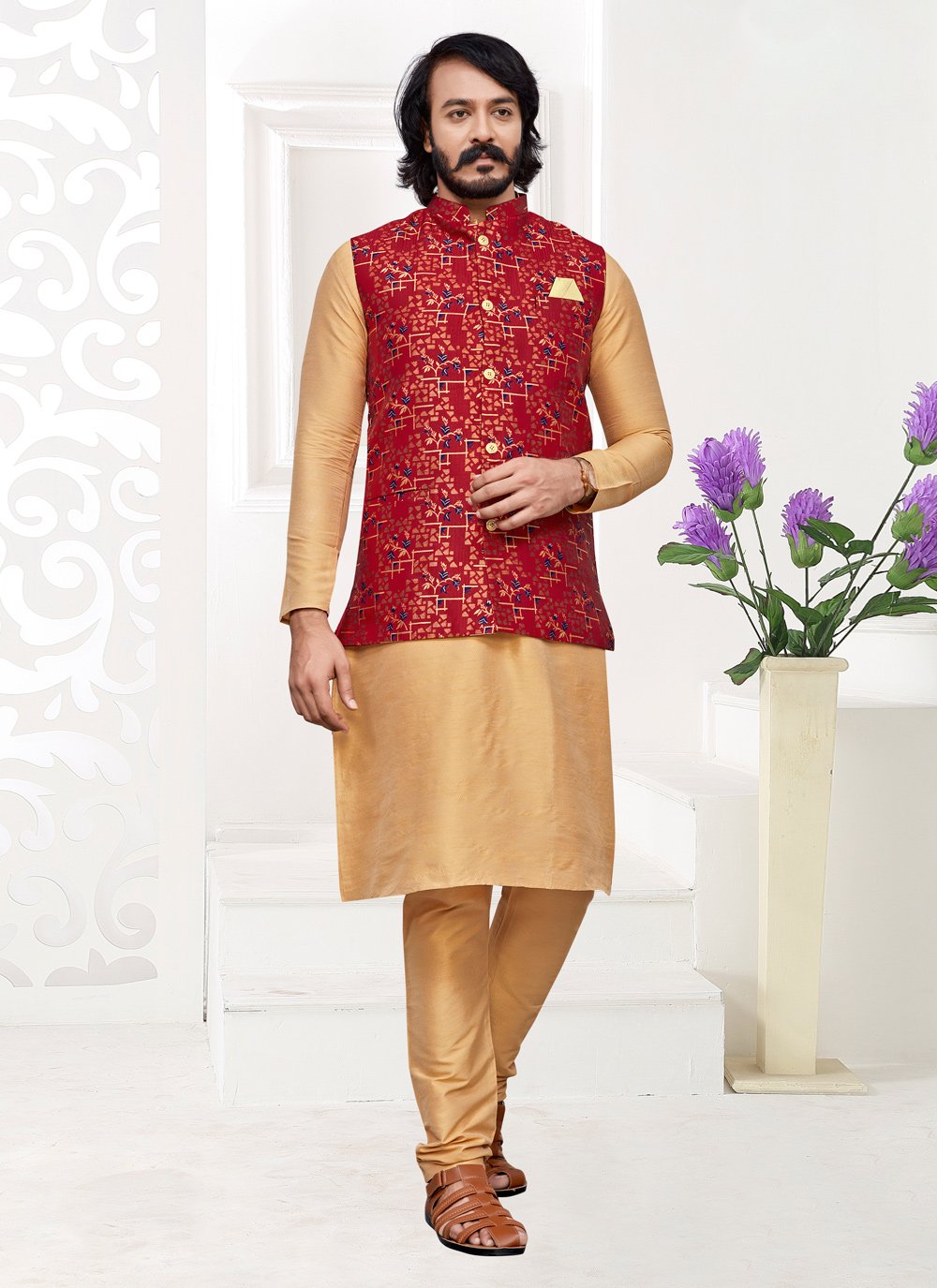 Kurta Payjama With Jacket Art Silk Jacquard Beige Red Digital Print Mens