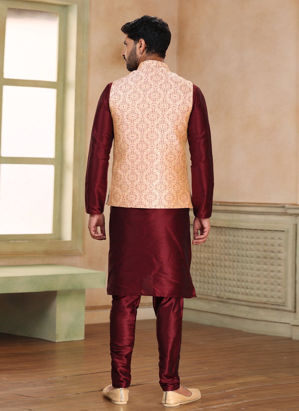 Kurta Payjama With Jacket Jacquard Silk Beige Wine Fancy Work Mens
