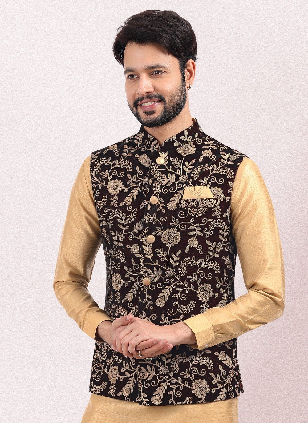 Kurta Payjama With Jacket Art Banarasi Silk Beige Wine Thread Mens