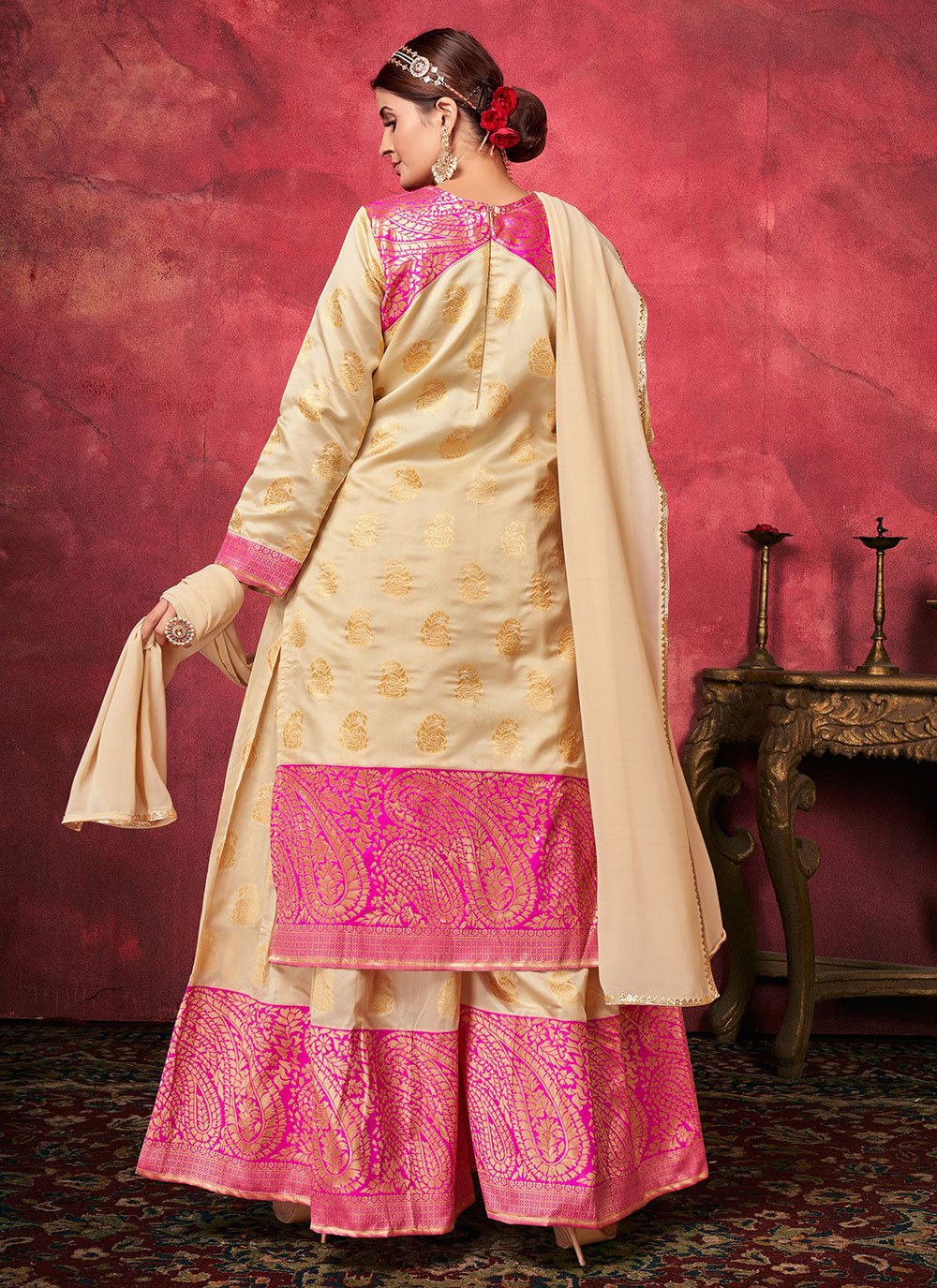 Palazzo Salwar Suit Art Silk Beige Woven Salwar Kameez