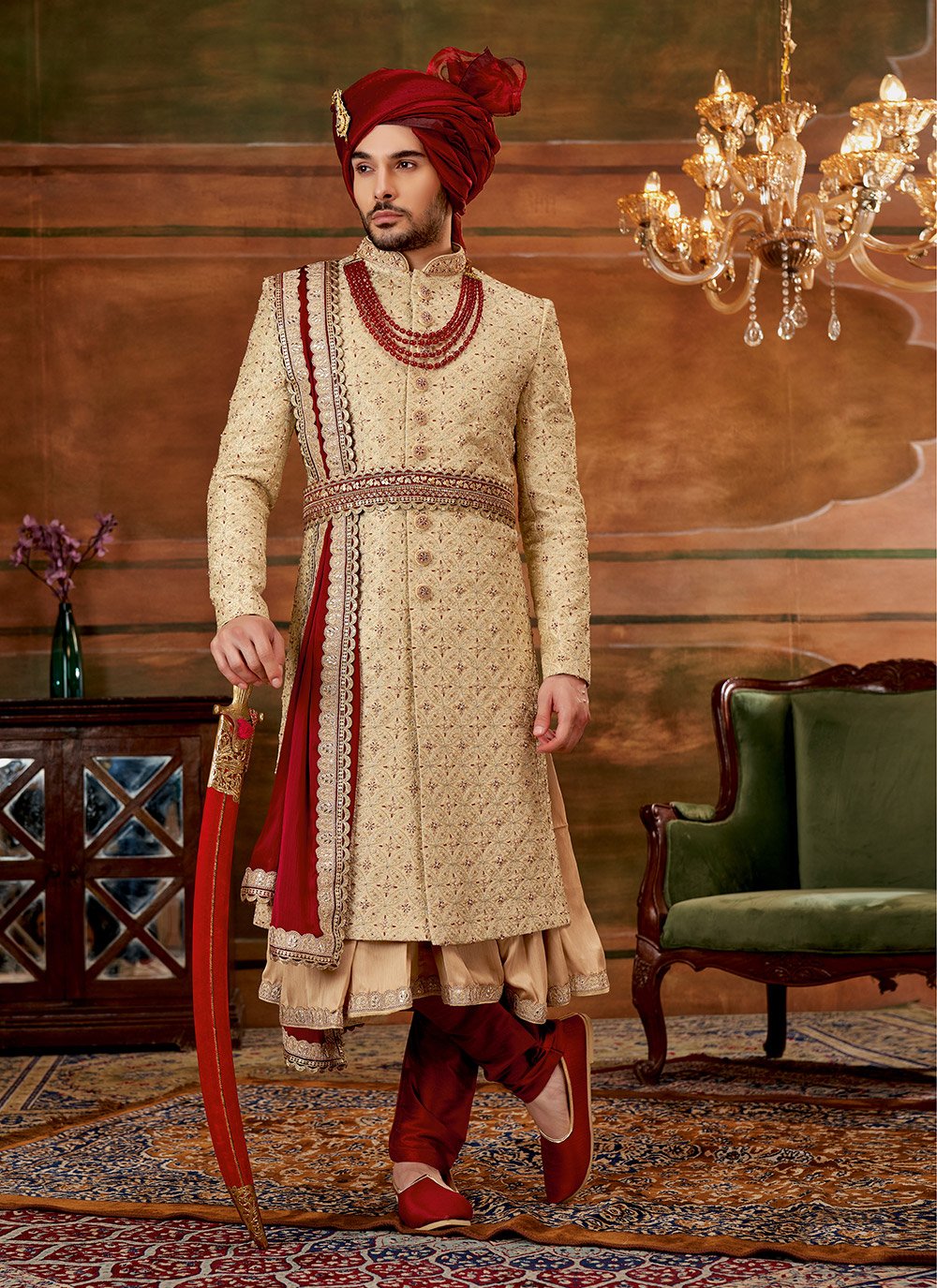 Sherwani Art Silk Beige Hand Work Mens