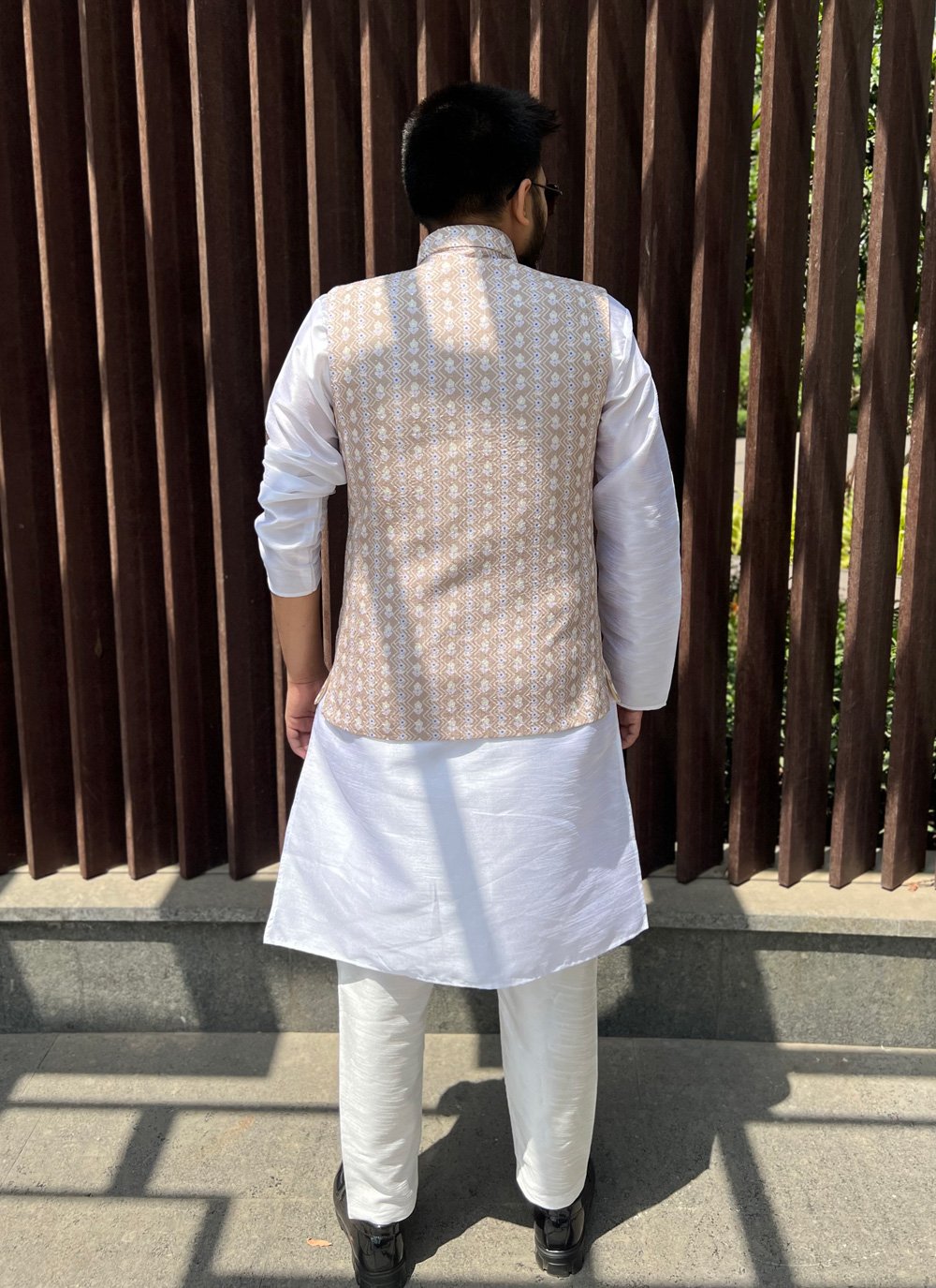 Nehru Jackets Cotton Beige Embroidered Mens